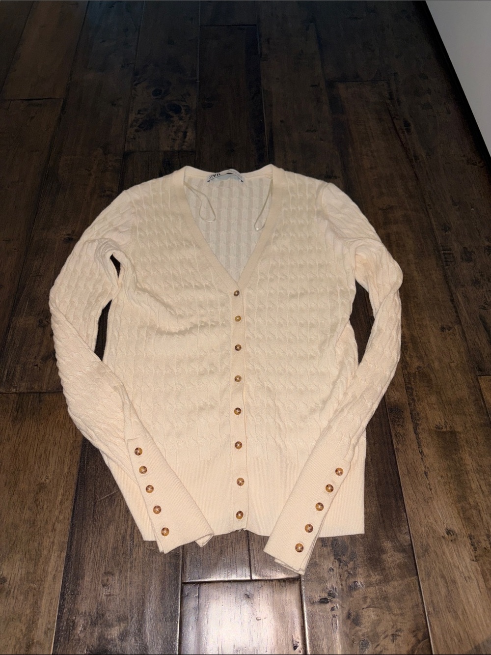 Zara Cream V-Neck Button Cable Knit Sweater